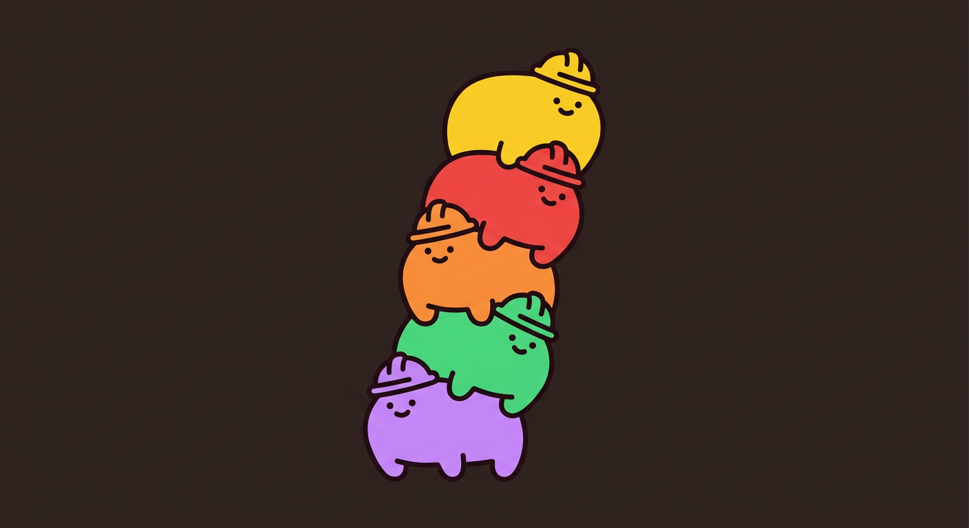A generated illustration of five stacked, smiling characters in hard hats