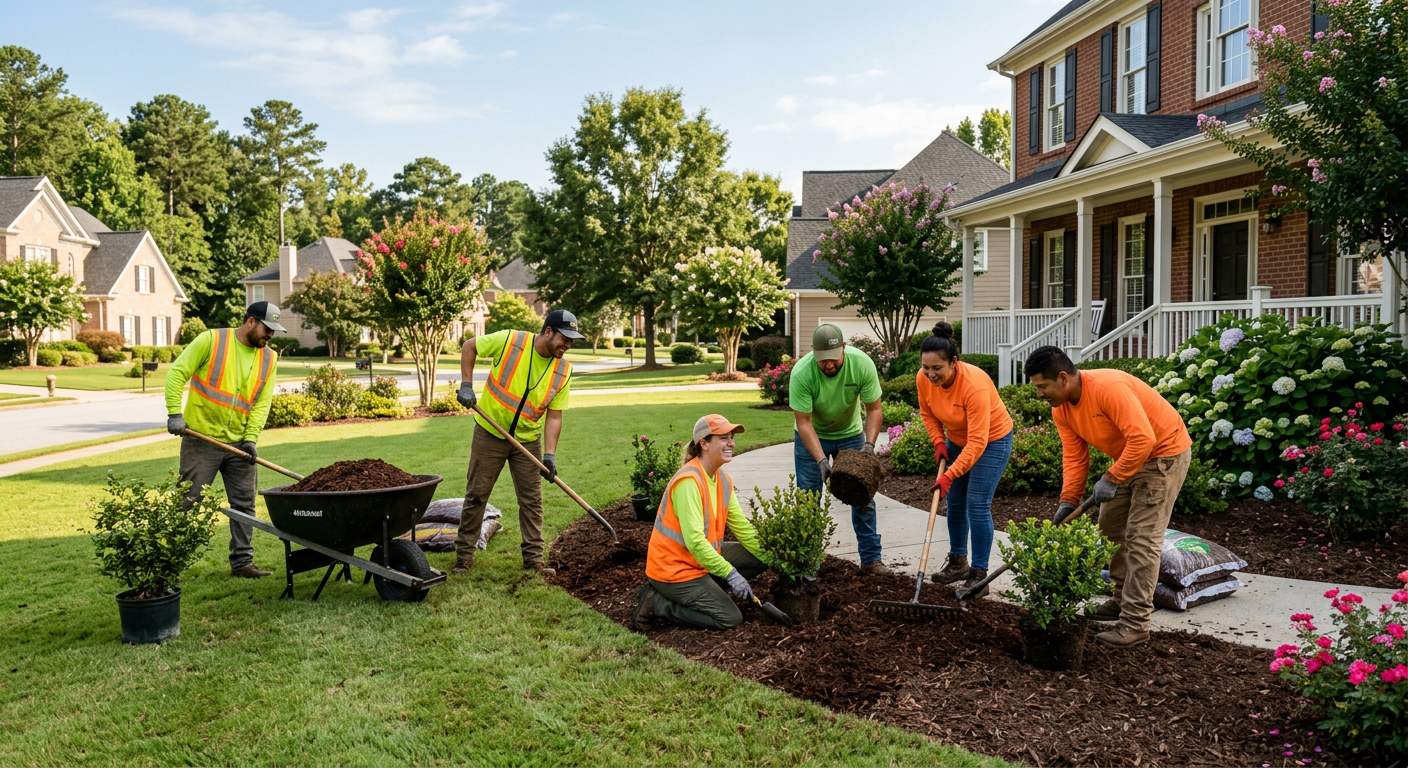 A generated image of a landscaping crew planting shrubs in a front yard