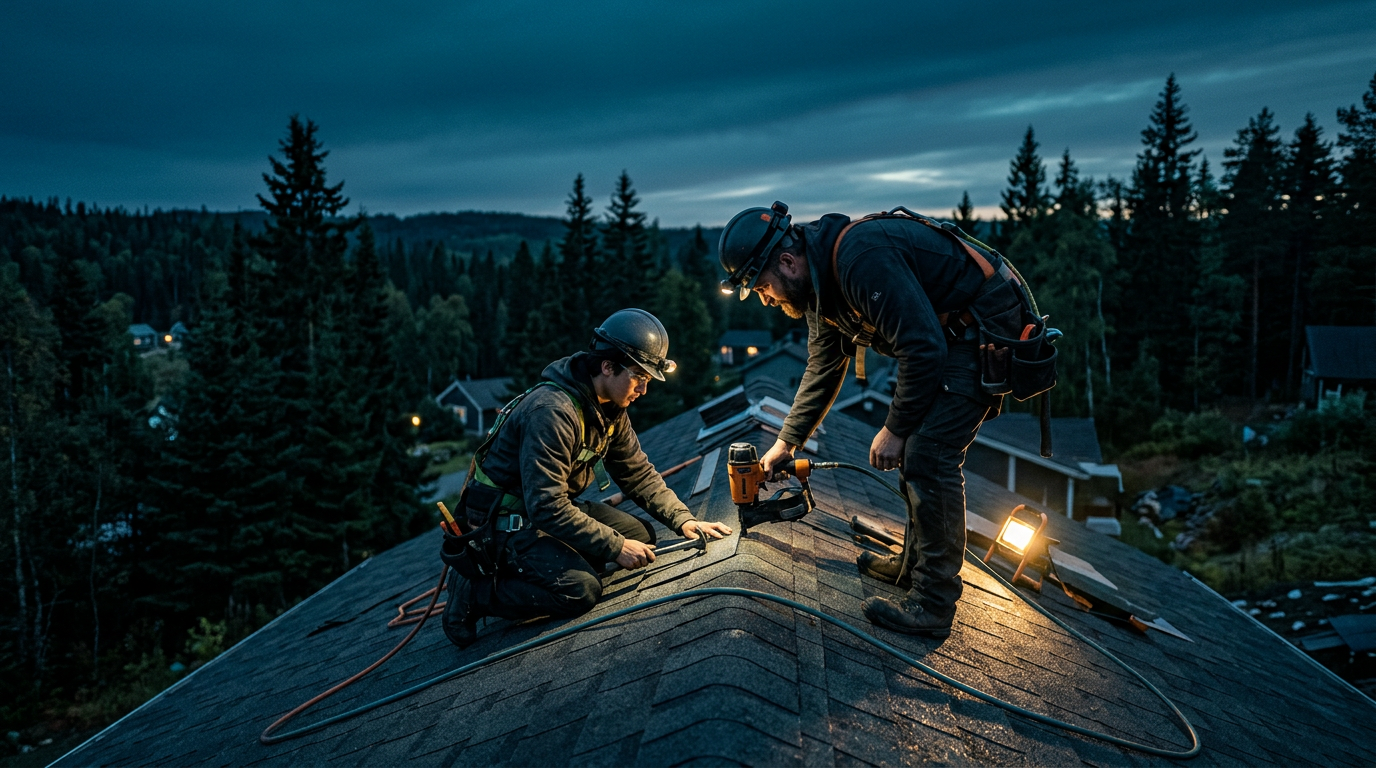 A generated image of a roofing supervisor and a new crew member working on a roof at dawn