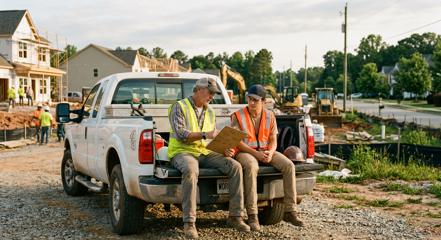 A generated image of a supervisor and a new hire talking on a truck tailgate